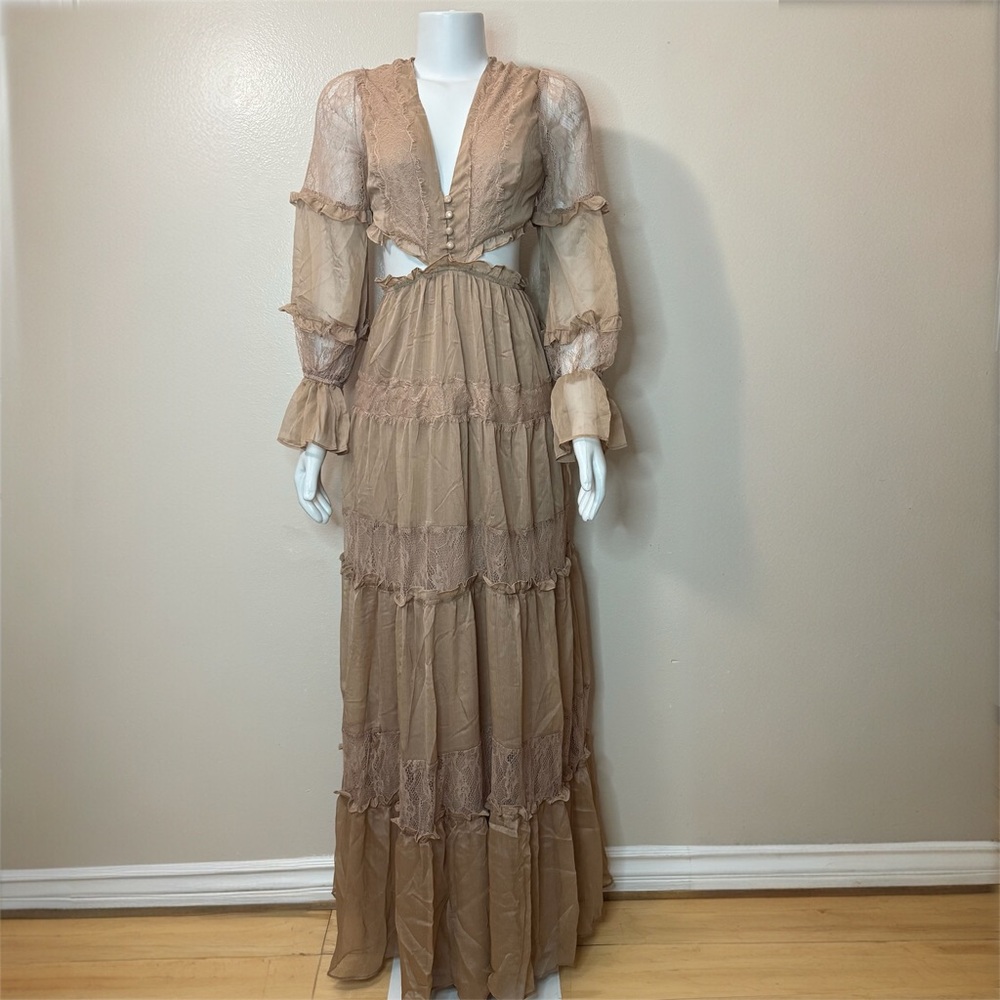 Maxi Lace Tiered Cutout Dress in Taupe